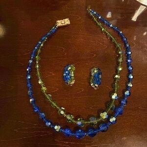 Rare Vintage 2 strand Aurora Borealis crystal necklace and earrings set 2 tone